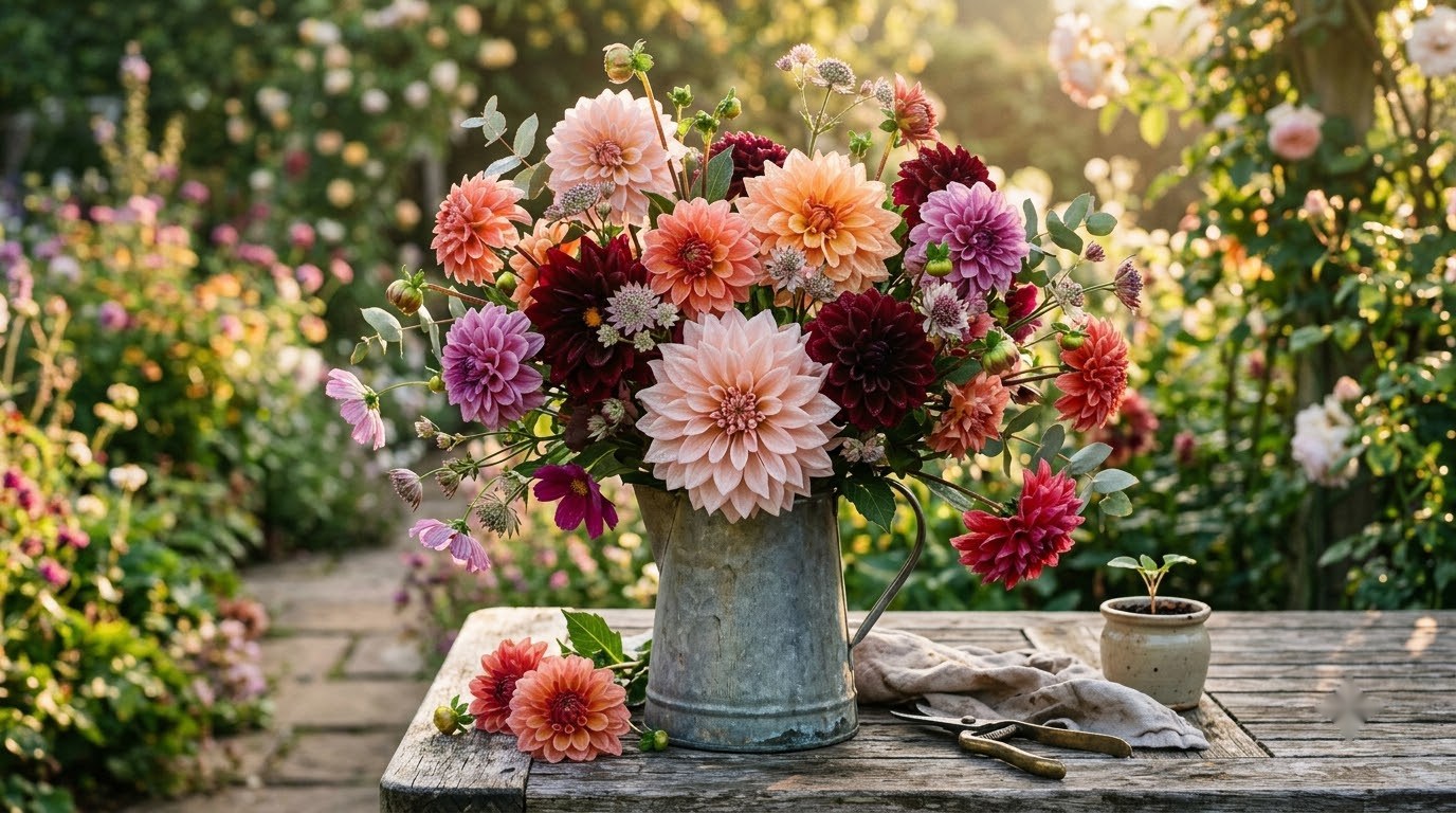 Dahlias in a zinc jug